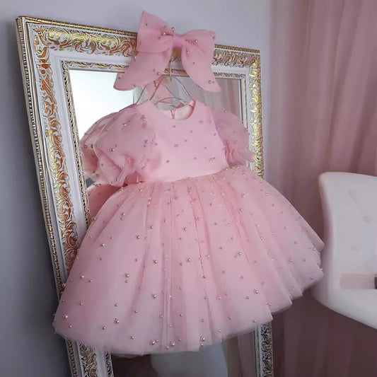 Pink Polka Dot Tulle Princess Dress for Girls – Sparkly Bows & Sequins