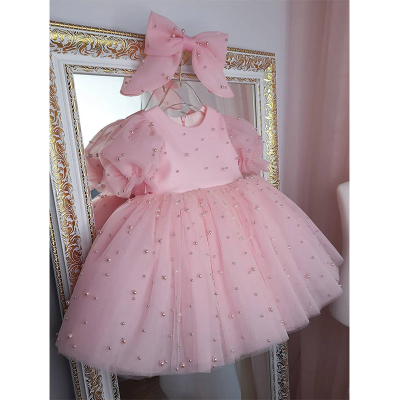 Pink Polka Dot Tulle Princess Dress for Girls – Sparkly Bows & Sequins