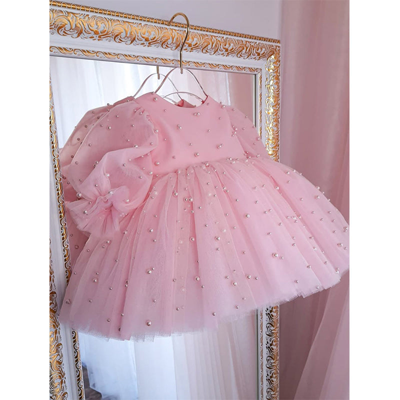 Pink Polka Dot Tulle Princess Dress for Girls – Sparkly Bows & Sequins