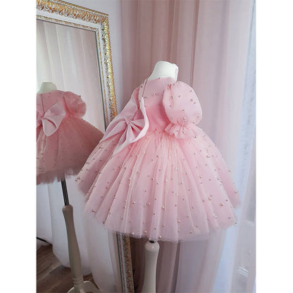 Pink Polka Dot Tulle Princess Dress for Girls – Sparkly Bows & Sequins