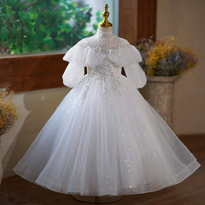 Cute White Princess A-Line Flower Girl Maxi Dress with Sequins & Ruffles