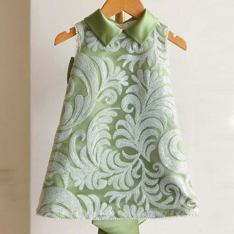 Cute Satin Sequin A-Line Princess Dress for Girls – Tea Length Sleeveless Party Outfit