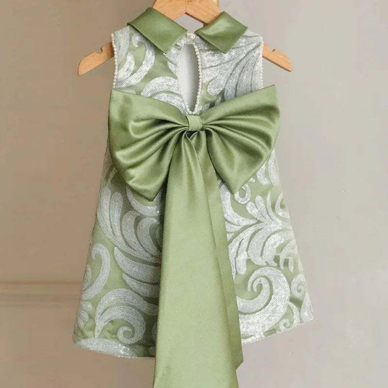 Cute Satin Sequin A-Line Princess Dress for Girls – Tea Length Sleeveless Party Outfit