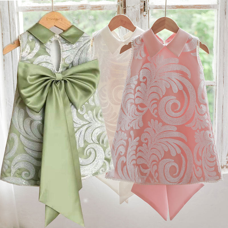 Cute Satin Sequin A-Line Princess Dress for Girls – Tea Length Sleeveless Party Outfit