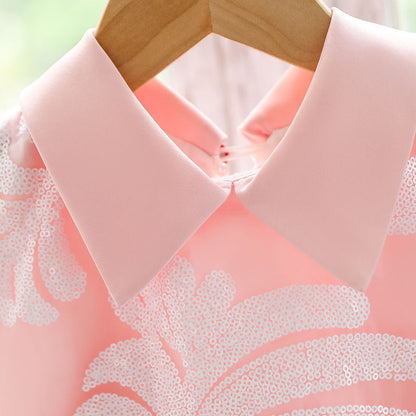 Cute Satin Sequin A-Line Princess Dress for Girls – Tea Length Sleeveless Party Outfit