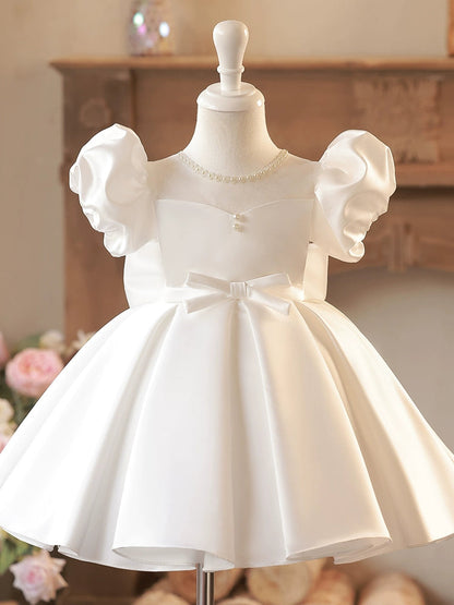 Princess A-Line White Satin Flower Girl Dress with Sequins and Bow | Cute & Playful Party Outfit