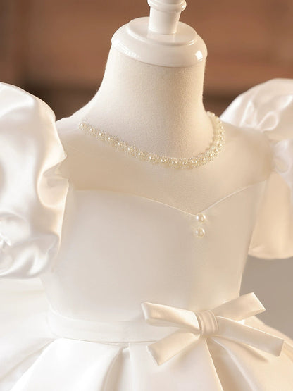 Princess A-Line White Satin Flower Girl Dress with Sequins and Bow | Cute & Playful Party Outfit