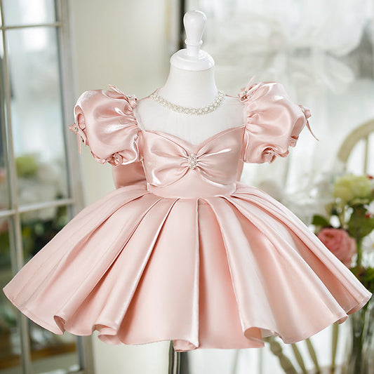Princess Style Puffy Ball Gown Dress for Girls – Satin Bow & Sequins, Flower Girl & Party Wear