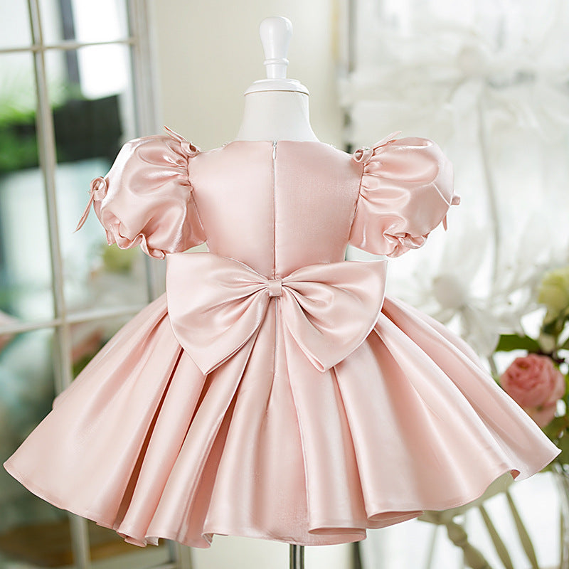 Princess Style Puffy Ball Gown Dress for Girls – Satin Bow & Sequins, Flower Girl & Party Wear