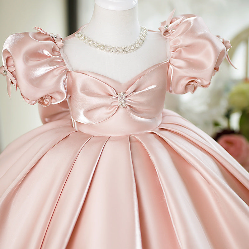 Princess Style Puffy Ball Gown Dress for Girls – Satin Bow & Sequins, Flower Girl & Party Wear