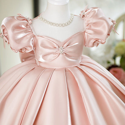 Princess Style Puffy Ball Gown Dress for Girls – Satin Bow & Sequins, Flower Girl & Party Wear