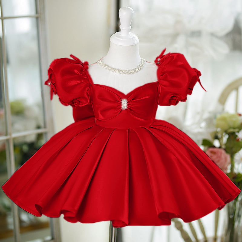 Princess Style Puffy Ball Gown Dress for Girls – Satin Bow & Sequins, Flower Girl & Party Wear