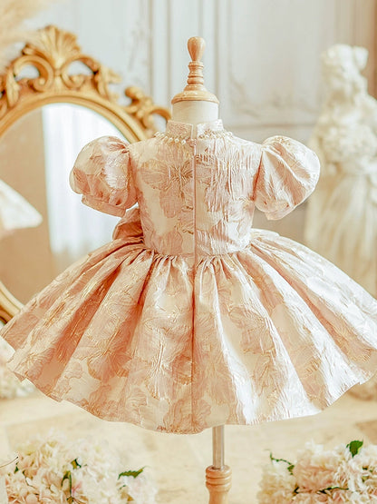 Light Pink Princess Puffy Satin Flower Girl Dress with Sequins & Bowknot