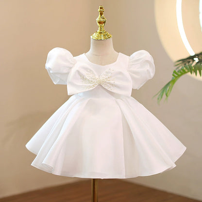 White Princess Ball Gown Satin Flower Girl Dress with Bowknot and Sequins – Fairy Style