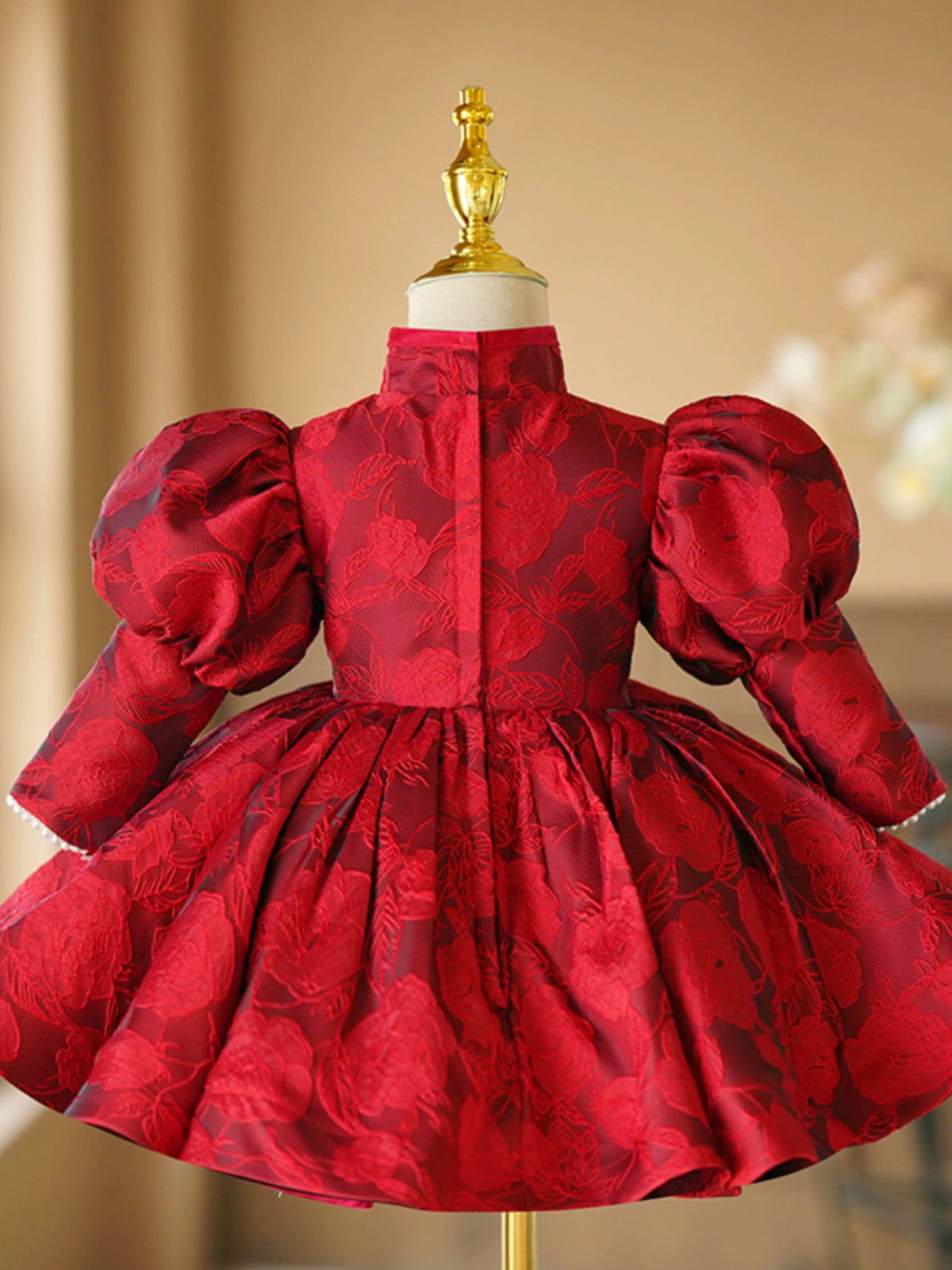 Burgundy Princess Satin Ball Gown Dress for Girls | Floral, Sequins & Ruffles