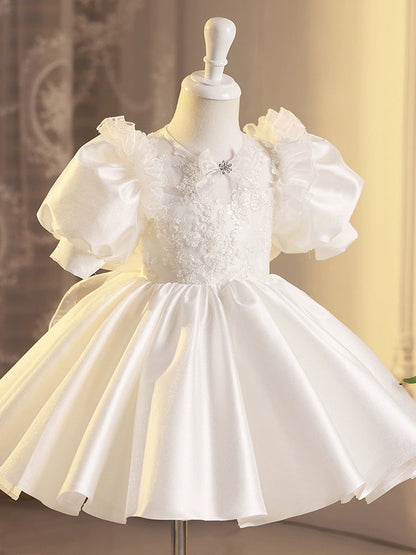 White Satin Princess Ball Gown Flower Girl Dress – Puffy, Embroidered & Tea Length