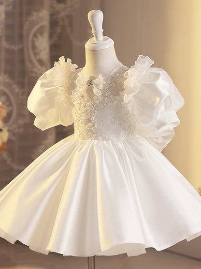 White Satin Princess Ball Gown Flower Girl Dress – Puffy, Embroidered & Tea Length