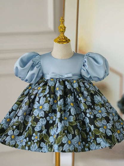 Princess Blue Satin Back Zip Baptism Flower(s) Tea Length Short Sleeve Puff Sleeve Round Flower Girl Dress