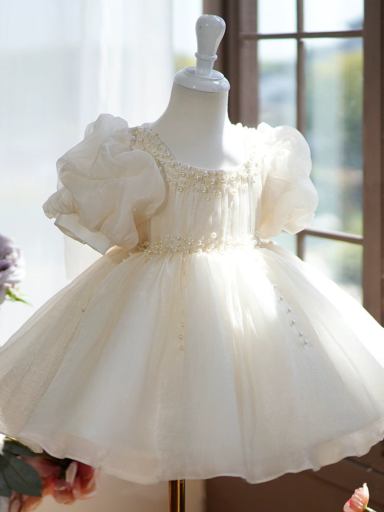 Princess Champagne Organza Back Zip Baptism Bow(s) Tea Length Short Sleeve Puff Sleeve Square Flower Girl Dress