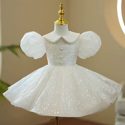 Princess Puffy Collar Sequin Flower Girl Dress – White Ball Gown for Kids (2-12Y)