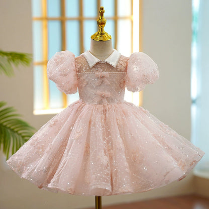 Girls Pink Princess Organza Ball Gown – Sequin Collar Tea Length Dress
