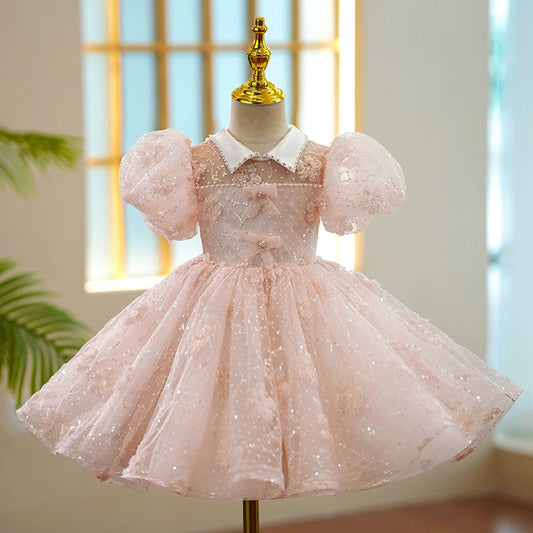 Girls Pink Princess Organza Ball Gown – Sequin Collar Tea Length Dress