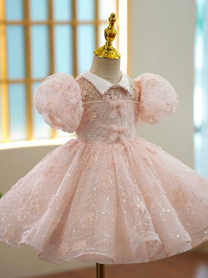 Girls Pink Princess Organza Ball Gown – Sequin Collar Tea Length Dress