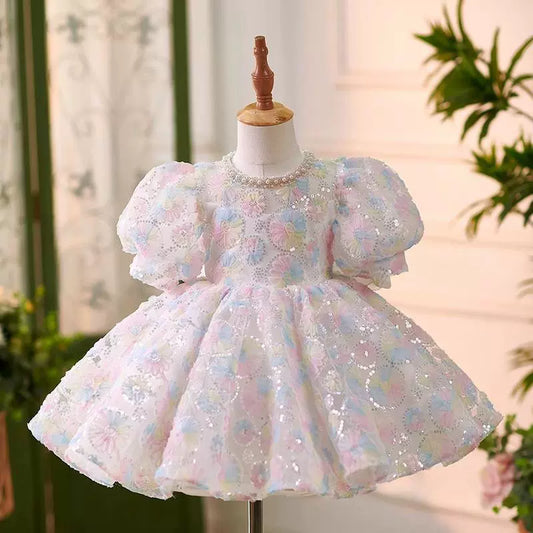 Princess Colorful Sequined Back Zip Baptism Sequins Tea Length Short Sleeve Puff Sleeve Jewel Neck Flower Girl Dress