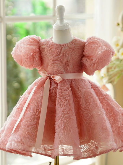 Princess Dusty Rose Polyester Back Zip Baptism Flower(s) Tea Length Short Sleeve Puff Sleeve Round Flower Girl Dress