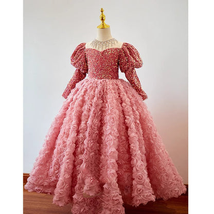 Pink Princess Fairy Sequin Tulle A-Line Dress for Girls | Maxi Flower Girl Gown