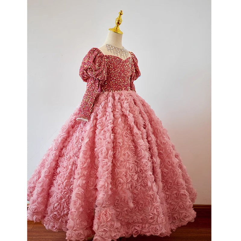 Pink Princess Fairy Sequin Tulle A-Line Dress for Girls | Maxi Flower Girl Gown