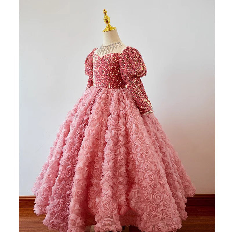 Pink Princess Fairy Sequin Tulle A-Line Dress for Girls | Maxi Flower Girl Gown