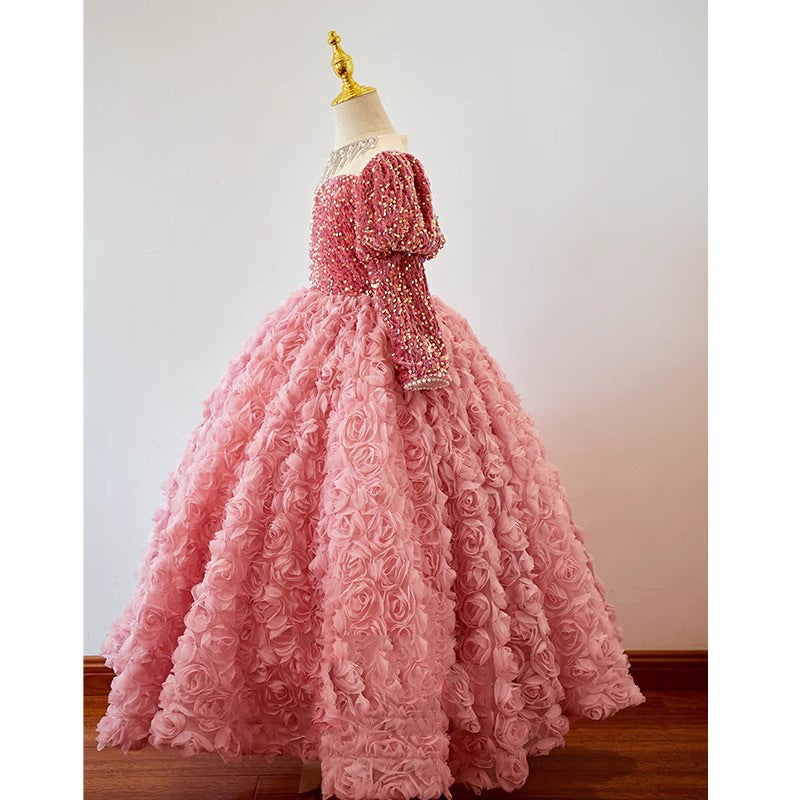 Pink Princess Fairy Sequin Tulle A-Line Dress for Girls | Maxi Flower Girl Gown