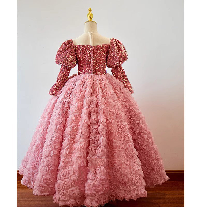 Pink Princess Fairy Sequin Tulle A-Line Dress for Girls | Maxi Flower Girl Gown