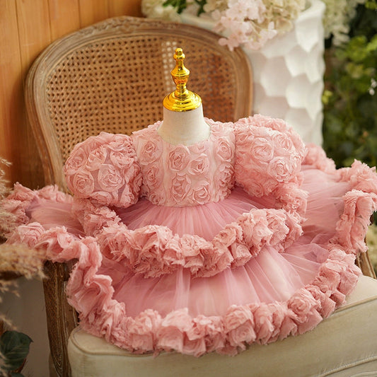 Pink Puffy Tulle Princess Ball Gown Flower Girl Dress - Kids Party & Wedding Outfit