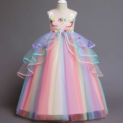 A-line Princess Tulle Dress with Flowers for Girls – Floor-Length Fairy Costume