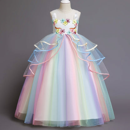 A-line Princess Tulle Dress with Flowers for Girls – Floor-Length Fairy Costume