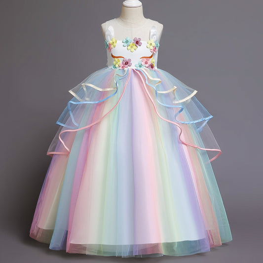 A-line Princess Tulle Dress with Flowers for Girls – Floor-Length Fairy Costume