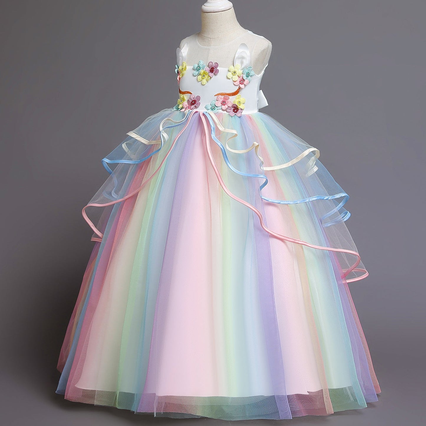 A-line Princess Tulle Dress with Flowers for Girls – Floor-Length Fairy Costume