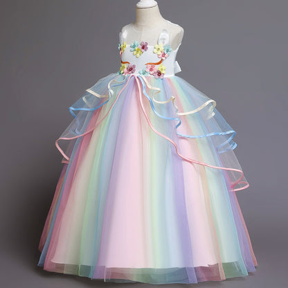 A-line Princess Tulle Dress with Flowers for Girls – Floor-Length Fairy Costume