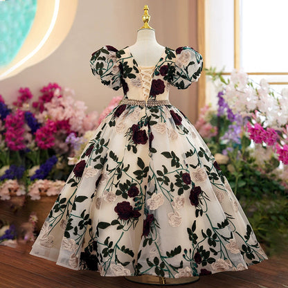 Floral Organza Ball Gown for Girls – Princess Style Maxi Flower Girl Dress