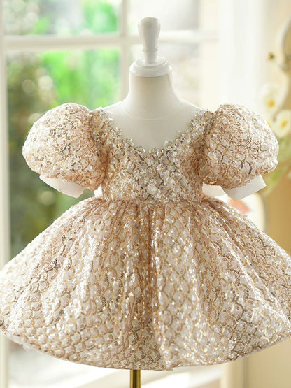 Princess Gold Sequined Back Zip Baptism Sequins Tea Length Short Sleeve Puff Sleeve Round Flower Girl Dress