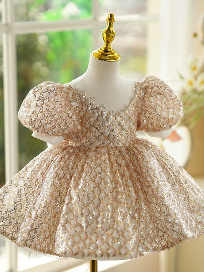 Princess Gold Sequined Back Zip Baptism Sequins Tea Length Short Sleeve Puff Sleeve Round Flower Girl Dress