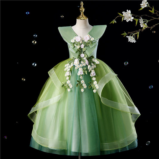 Princess Green Tulle Back Zip Baptism Flower(s) Floor Length Sleeveless Cap Sleeve V-Neck Flower Girl Dress