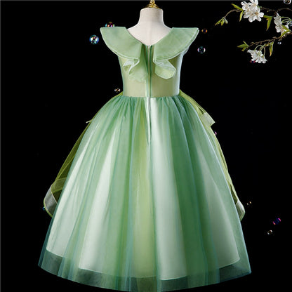 Princess Green Tulle Back Zip Baptism Flower(s) Floor Length Sleeveless Cap Sleeve V-Neck Flower Girl Dress