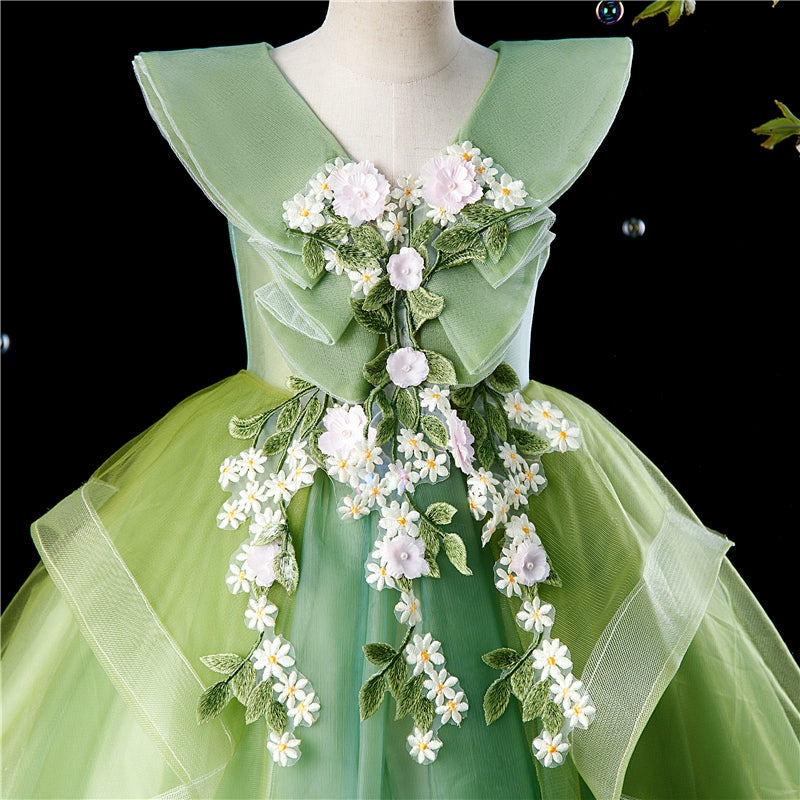 Princess Green Tulle Back Zip Baptism Flower(s) Floor Length Sleeveless Cap Sleeve V-Neck Flower Girl Dress