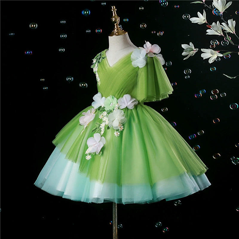 Princess Green Tulle Back Zip Baptism Flower(s) Tea Length Sleeveless V-Neck Flower Girl Dress