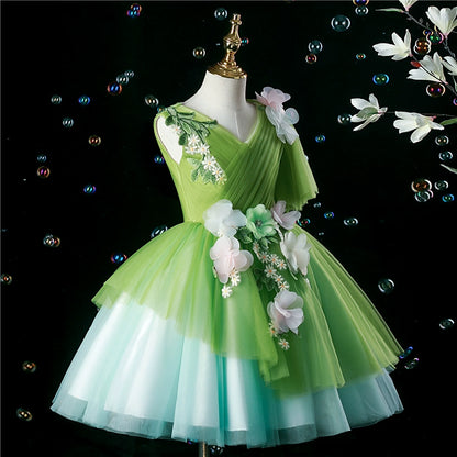 Princess Green Tulle Back Zip Baptism Flower(s) Tea Length Sleeveless V-Neck Flower Girl Dress