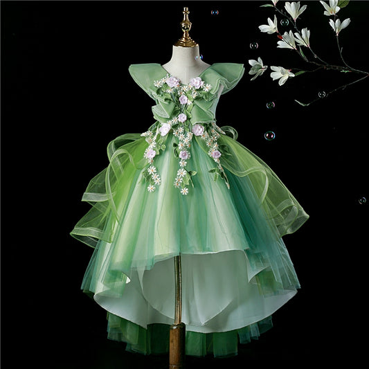 Princess Green Tulle Back Zip Baptism Lace Floor Length Sleeveless Cap Sleeve V-Neck Flower Girl Dress