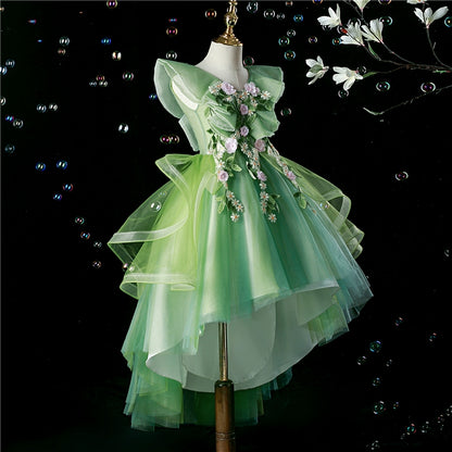 Princess Green Tulle Back Zip Baptism Lace Floor Length Sleeveless Cap Sleeve V-Neck Flower Girl Dress